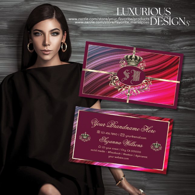 Royal Pink Burgundy Gold Crown with Monogram Nobly Business Card (Creator Uploaded)