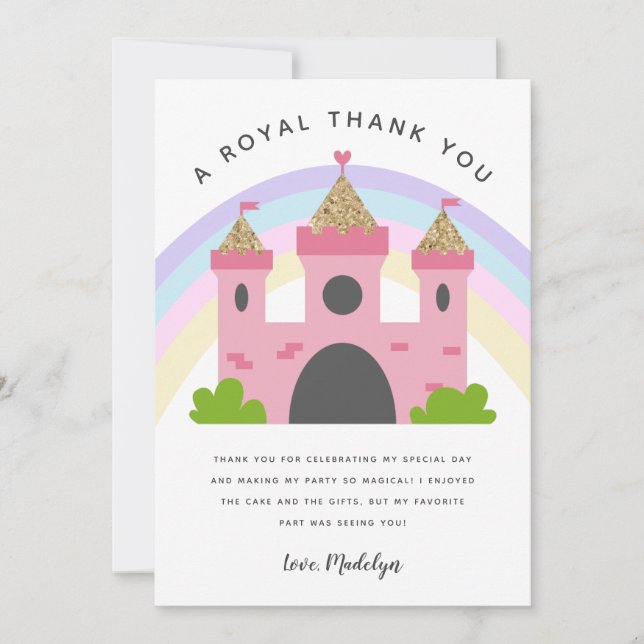 Royal Pink Gold Castle Birthday Party Thank You Card (Front)