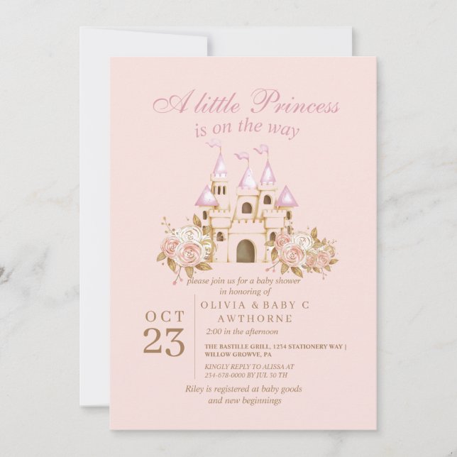 Royal Pink Gold Castle Princess Baby Shower Invitation (Front)