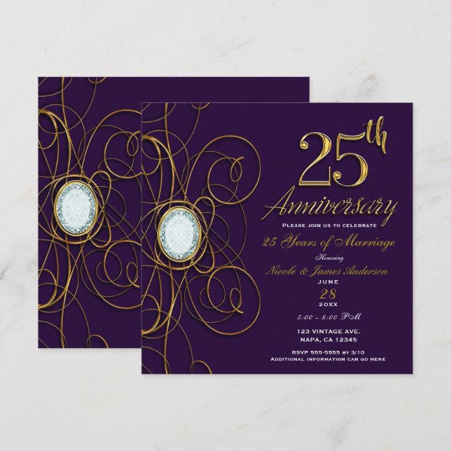 Royal Plum Purple Gold Diamond 25 25th Anniversary Invitation (Front/Back)