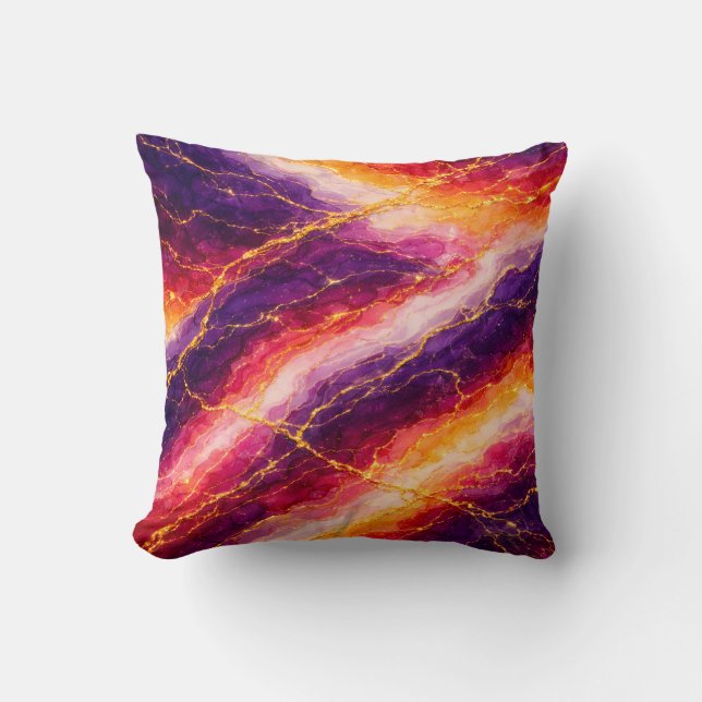 Royal Plum & Raspberry Marble with Gold Veining Throw Pillow (Front)