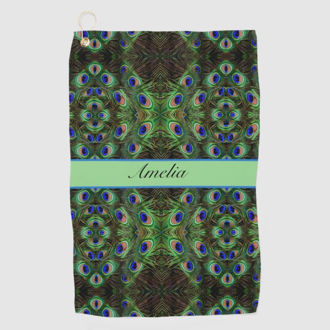 Royal Plumage - Luxe Peacock Feather Pattern  Golf Towel (Front)