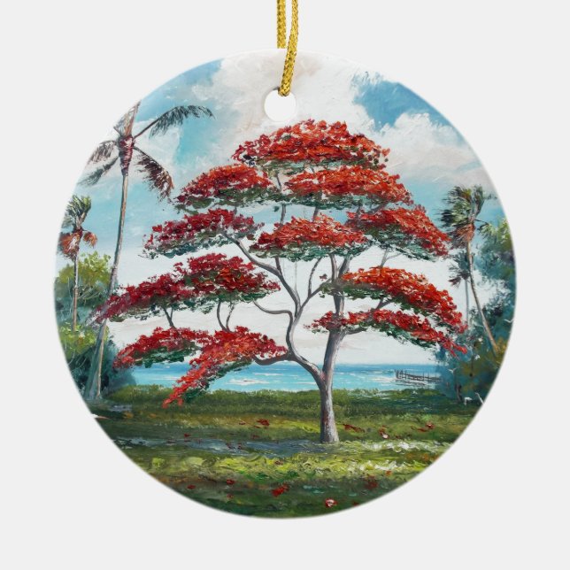Royal Poinciana and Palm Tree Ceramic Ornament (Front)