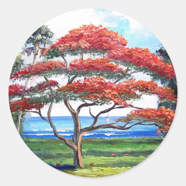 Royal Poinciana Tree Art Classic Round Sticker (Front)
