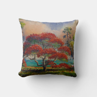 Royal Poinciana Tree & Boat by Mazz Throw Pillow