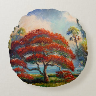 Royal Poinciana Tree by Mazz Round Pillow