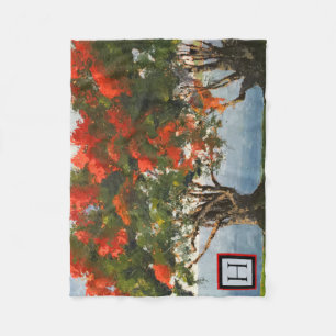 Royal Poinciana Tree Waterview Painting Monogram Fleece Blanket