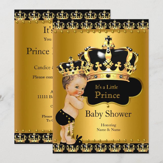 Royal Prince Baby Shower Black Gold Brunette Invitation (Front/Back)