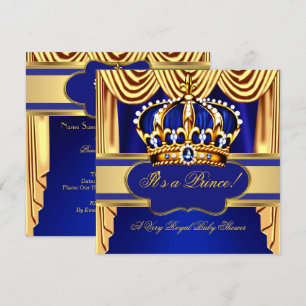 Royal Prince Baby Shower Blue Gold Silk Drapes Invitation