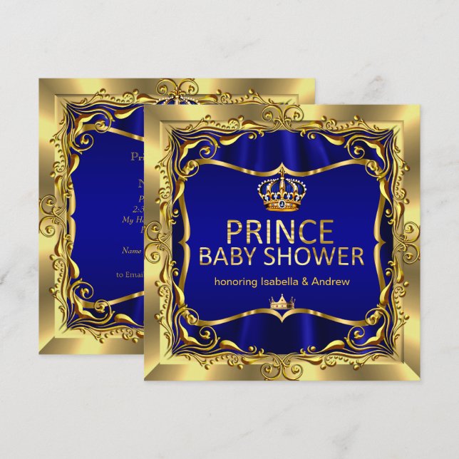 Royal Prince Baby shower Boy Blue Gold Invitation (Devant / Derrière)