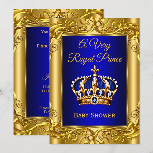 Royal Prince  Baby Shower Royal blue gold Invitation (Front/Back)
