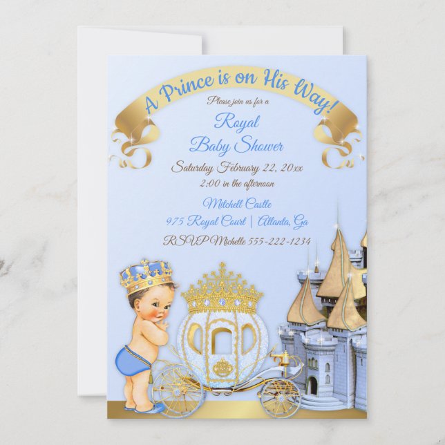 Royal Prince Castle Carriage Blue Gold Boy Invitation (Front)