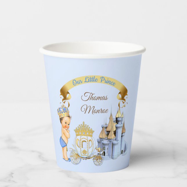 Royal Prince Castle Carriage Blue Gold Boy Paper Cups (Front)