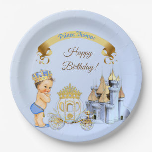 Royal Prince Castle Carriage Blue Gold Boy Paper Plate