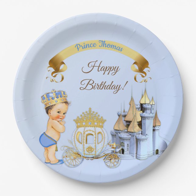 Royal Prince Castle Carriage Blue Gold Boy Paper Plate (Front)