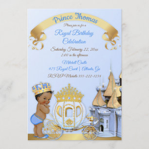 Royal Prince Castle Carriage Blue Gold Boy Photo Invitation