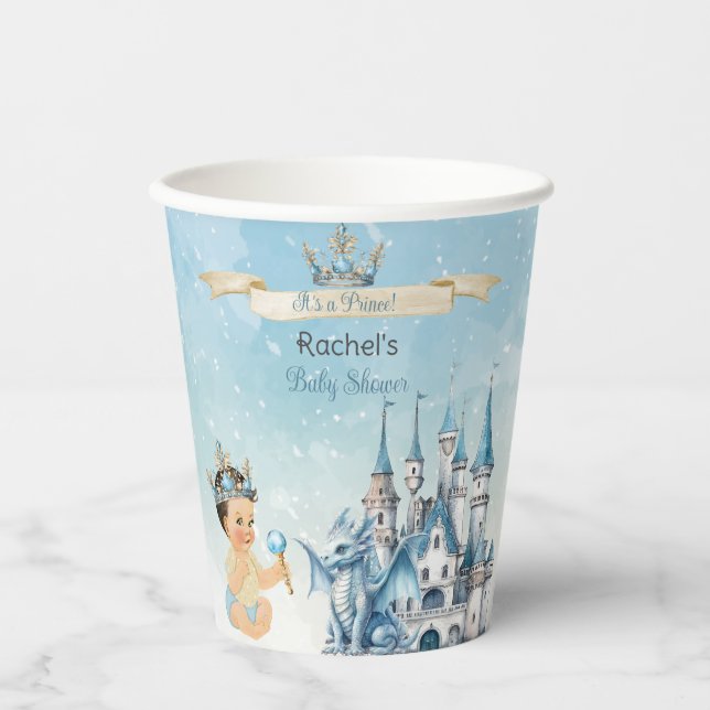 Royal Prince Castle Dragon Crown Blue Gold Boy Paper Cups (Front)