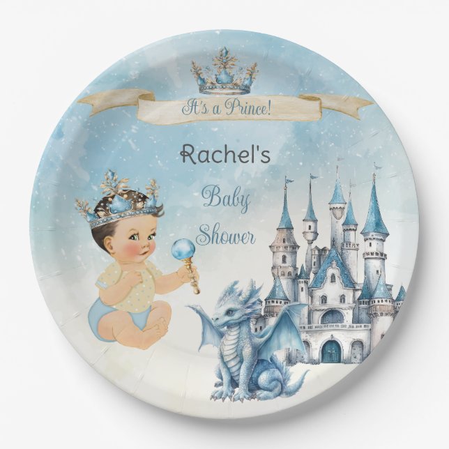 Royal Prince Castle Dragon Crown Blue Gold Boy Paper Plate (Front)
