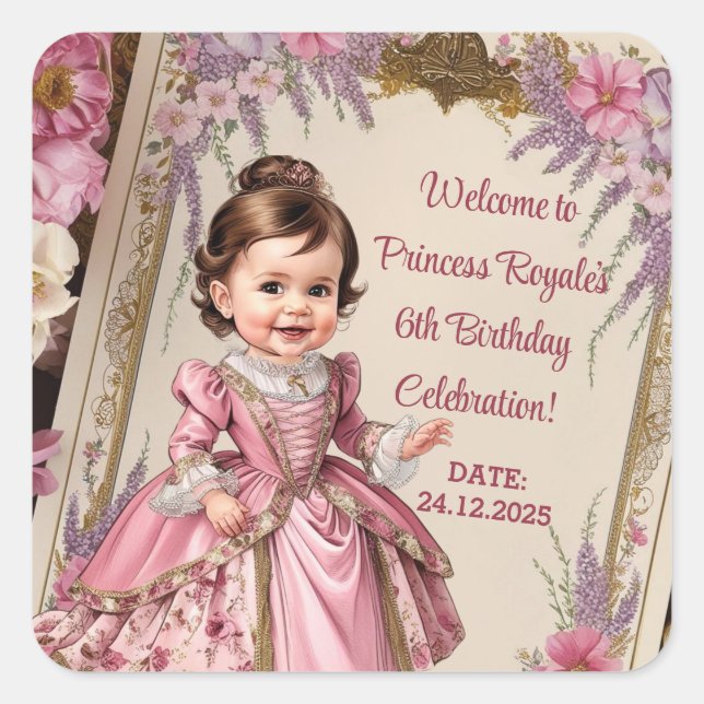 Royal Princess 6th Birthday Party  Square Sticker (Front)