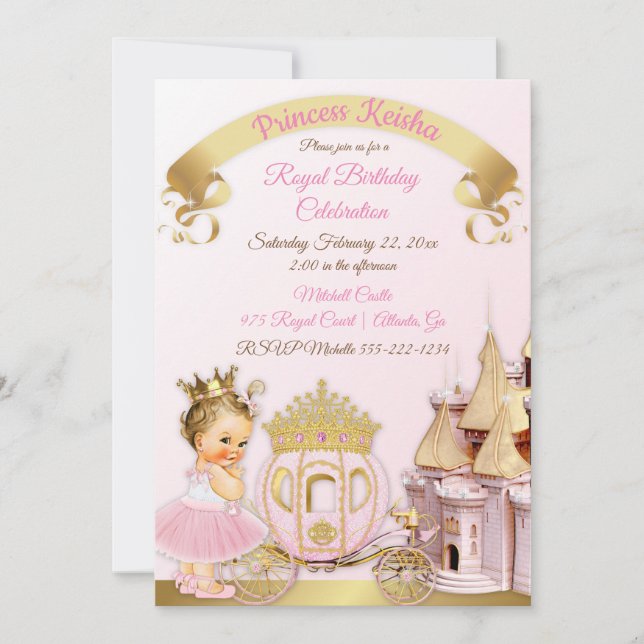 Royal Princess Castle Carriage Pink Gold Girl Invitation (Front)