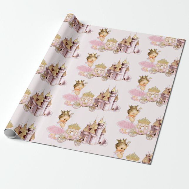 Royal Princess Castle Carriage Pink Gold Girl Wrapping Paper (Unrolled)