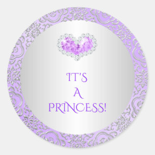 Royal Princess Lilac & Silver Diamond Heart Gem Classic Round Sticker