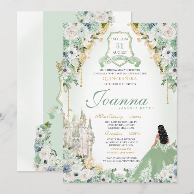 Royal Princess Mint Green & Gold Quinceanera Invitation (Front/Back)