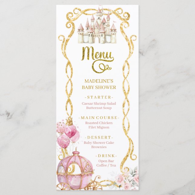 Royal Princess Pink Carriage Baby shower Menu (Devant)