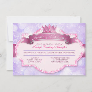 Royal Princess Pink Glitter Girls Birthday Party Invitation