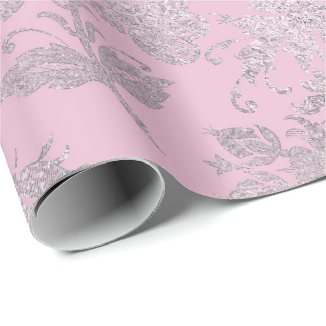 Royal Princess Pink Silver Roses Shiny Wrapping Paper (Roll Corner)