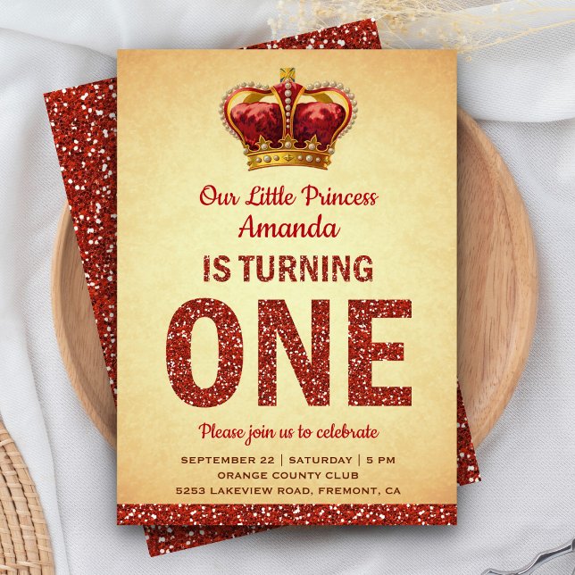Royal Princess Red Glitter First Birthday Party Invitation (Creator Uploaded)