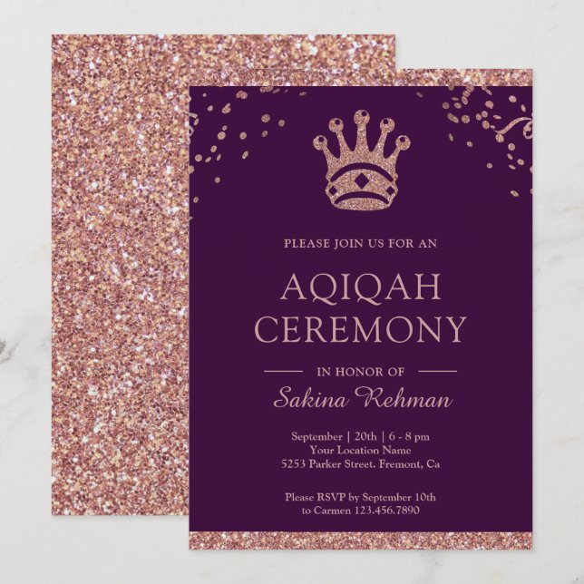 Royal Princess Rose Gold Glitter Aqeeqah | Aqiqah Invitation (Front/Back)