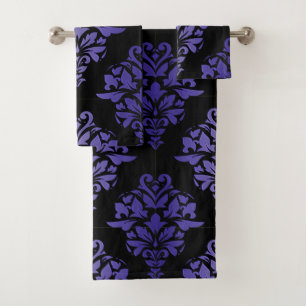 Royal Purple and Black Damask Print Towlet Set