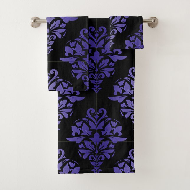 Royal Purple and Black Damask Print Towlet Set (Insitu)