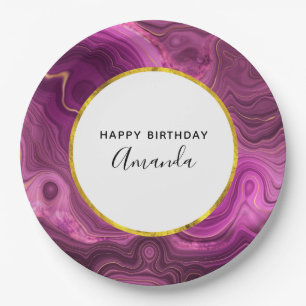 Royal Purple And Gold Agate Abstract Birthday Paper Plate
