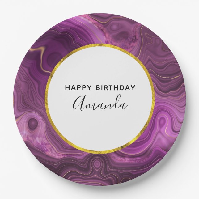 Royal Purple And Gold Agate Abstract Birthday Paper Plate (Front)