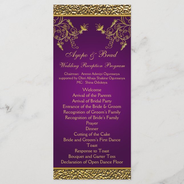 Royal Purple and Gold Floral Menu Card (Front)