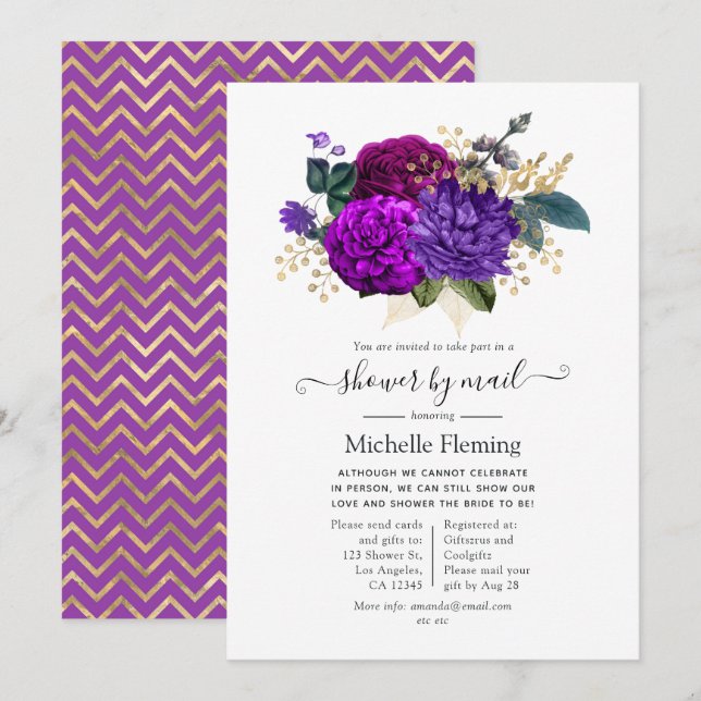 Royal Purple and Gold Floral Shower by Mail Invitation (Front/Back)