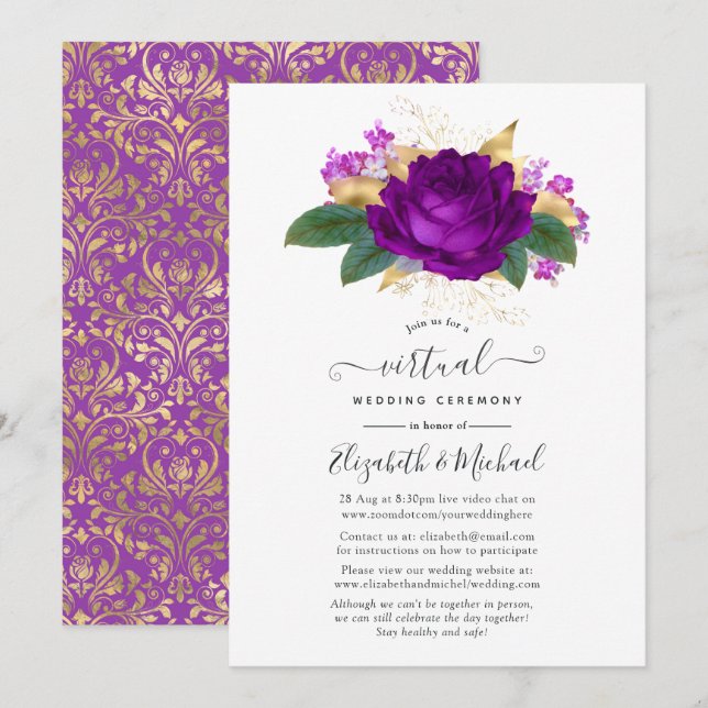 Royal Purple and Gold Floral Virtual Wedding Invitation (Front/Back)