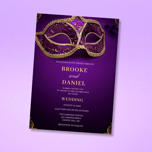 Royal Purple and Gold Frame Masquerade Wedding Invitation (Creator Uploaded)