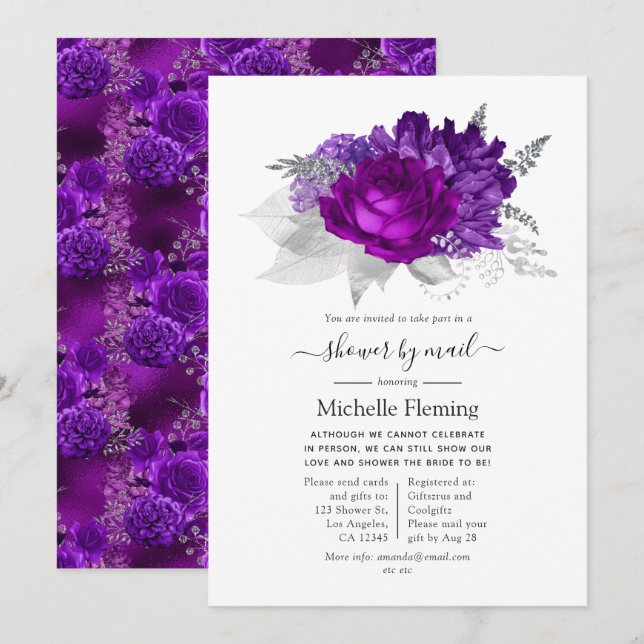 Royal Purple and Silver Floral Shower by Mail Invitation (Front/Back)