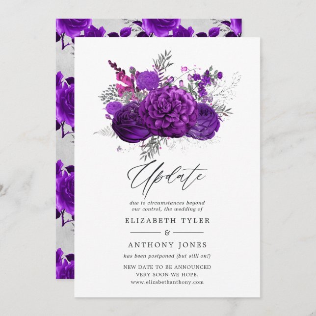 Royal Purple and Silver Floral Wedding Update Invitation (Front/Back)