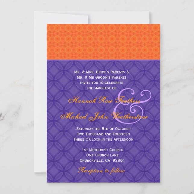 Royal Purple and Tangerine Damask Wedding G501 Invitation (Front)