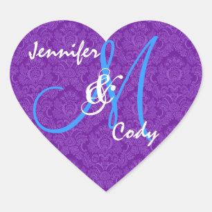 ROYAL PURPLE and TURQUOISE Wedding Monogram V2 Heart Sticker