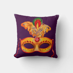 Royal Purple and yellow feather Masquerade mask Throw Pillow