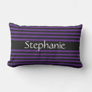 Royal Purple Black Stripes White Custom Name Lumbar Pillow