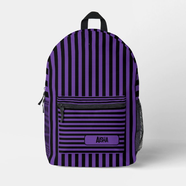 Royal Purple Black Vintage Striped Name Printed Backpack (Front)