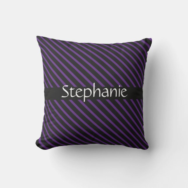 Royal Purple Black White Custom Name Stripes Outdoor Pillow (Front)