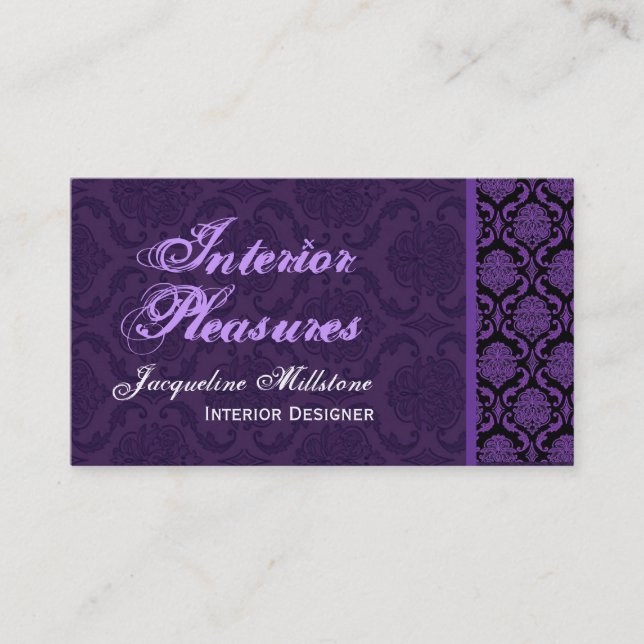 Royal Purple Damask Monogram Business Card (Front)