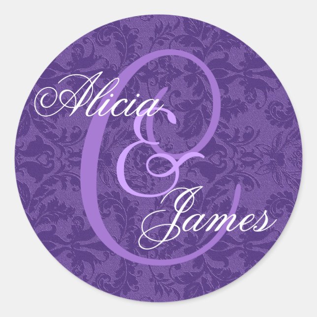 Royal Purple Damask Wedding ANY Monogram V01 Classic Round Sticker (Front)